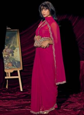 Rani color pure georgette zircon handwork border saree 2