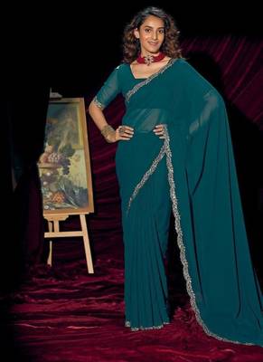 Rama color pure georgette zircon handwork border saree 1