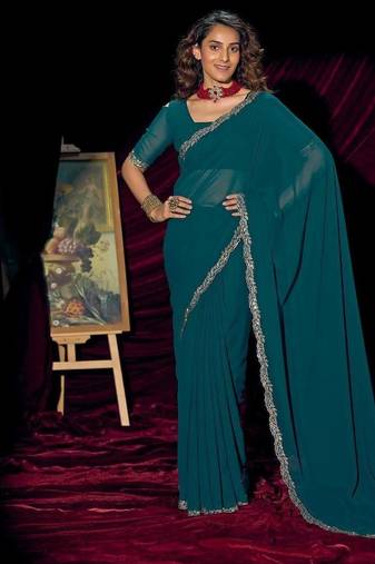 Rama color pure georgette zircon handwork border saree