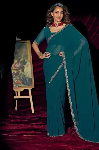 Rama color pure georgette zircon handwork border saree