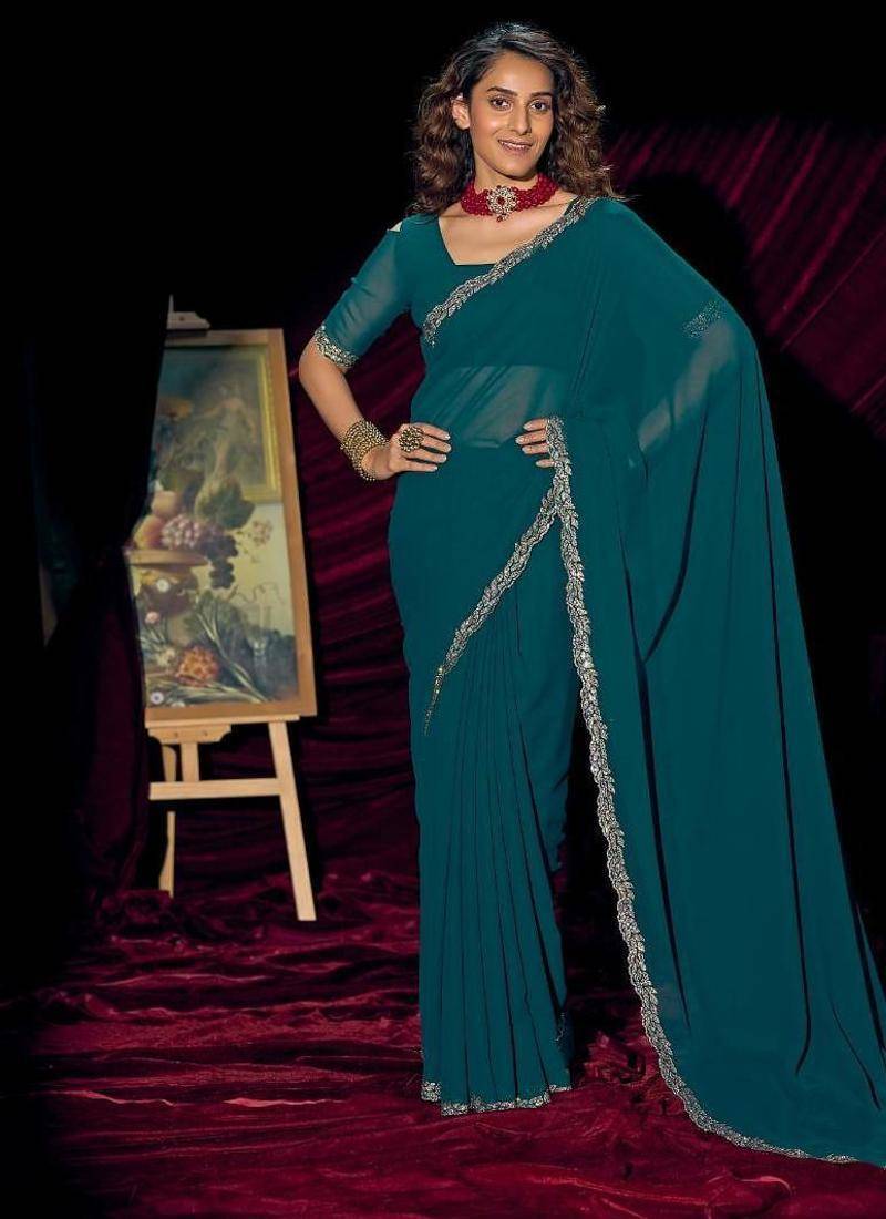 Rama color pure georgette zircon handwork border saree