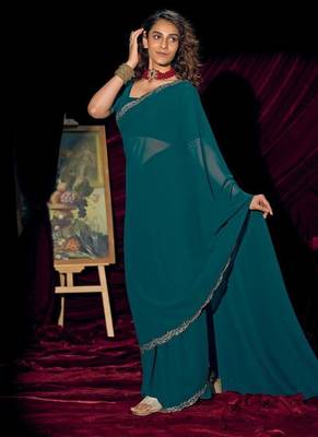 Rama color pure georgette zircon handwork border saree 2