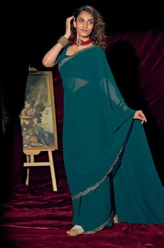 Rama color pure georgette zircon handwork border saree