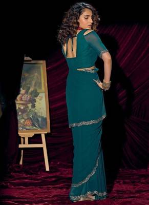 Rama color pure georgette zircon handwork border saree 3