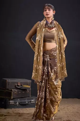 Mouse color fendi silk two tone with foil & hand work zircon work saree