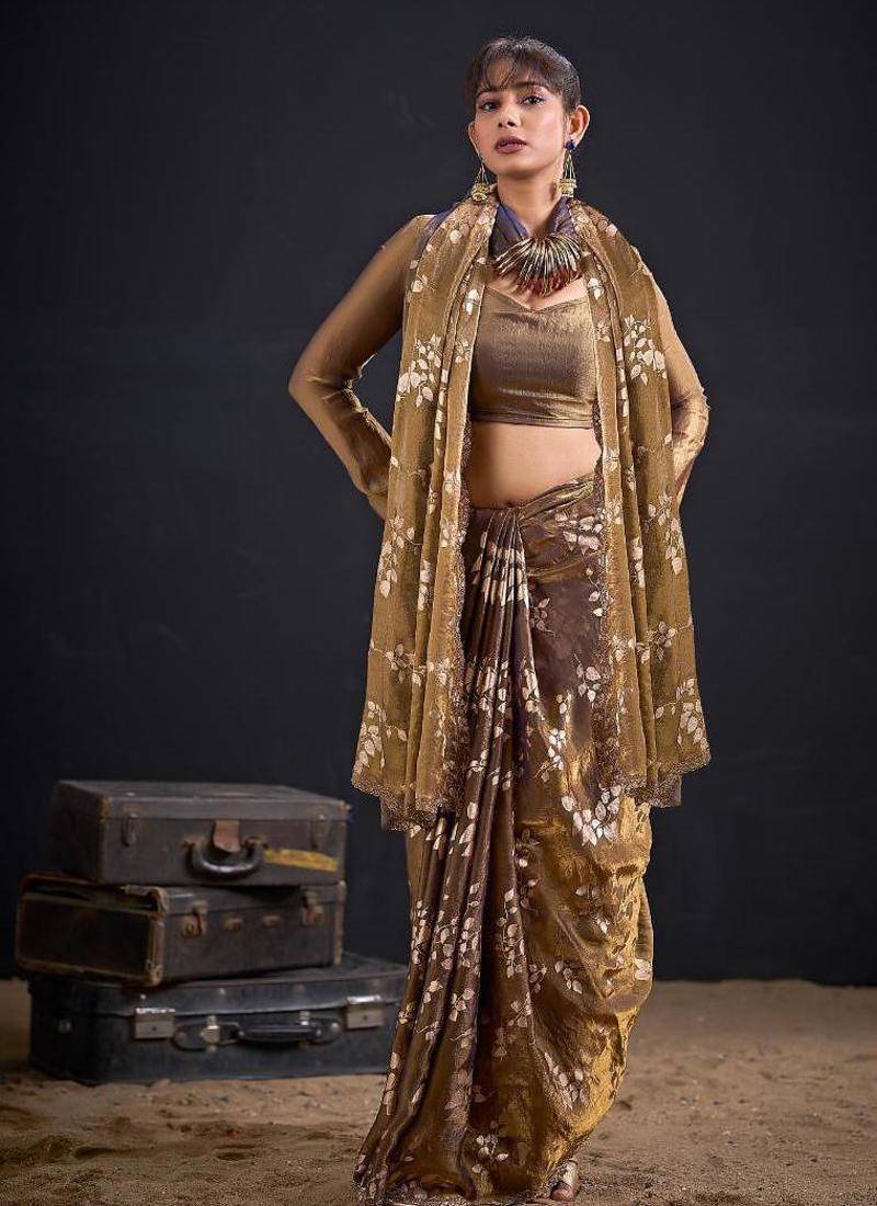 Mouse color fendi silk two tone with foil & hand work zircon work saree