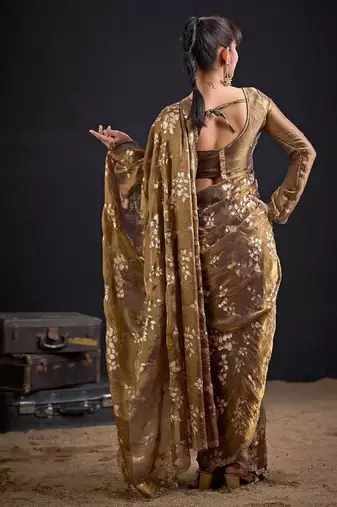 Mouse color fendi silk blend two tone with foil & hand work zircon work saree