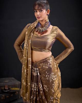 Mouse fendi silk blend two tone with foil & hand work zircon work saree 5