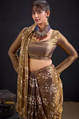 Mouse color fendi silk blend two tone with foil & hand work zircon work saree