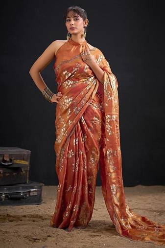 Fenta color fendi silk two tone with foil & hand work zircon work saree