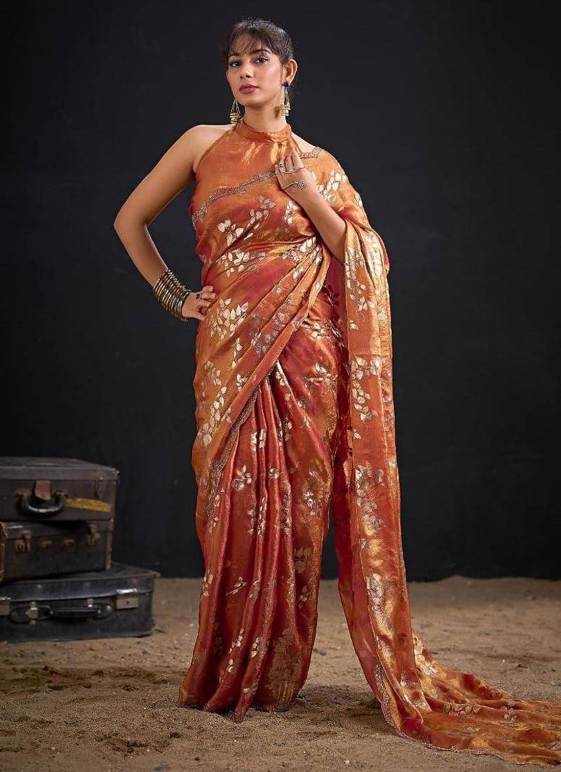 Fenta color fendi silk two tone with foil & hand work zircon work saree