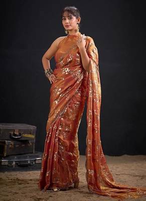 Fenta color fendi silk blend two tone with foil & hand work zircon work saree 2