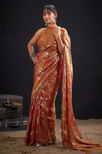 Fenta color fendi silk blend two tone with foil & hand work zircon work saree