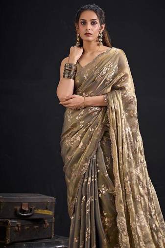 Grey color fendi silk two tone with foil & hand work zircon work saree