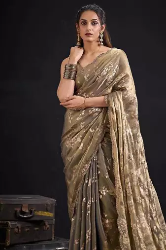Grey color fendi silk two tone with foil & hand work zircon work saree