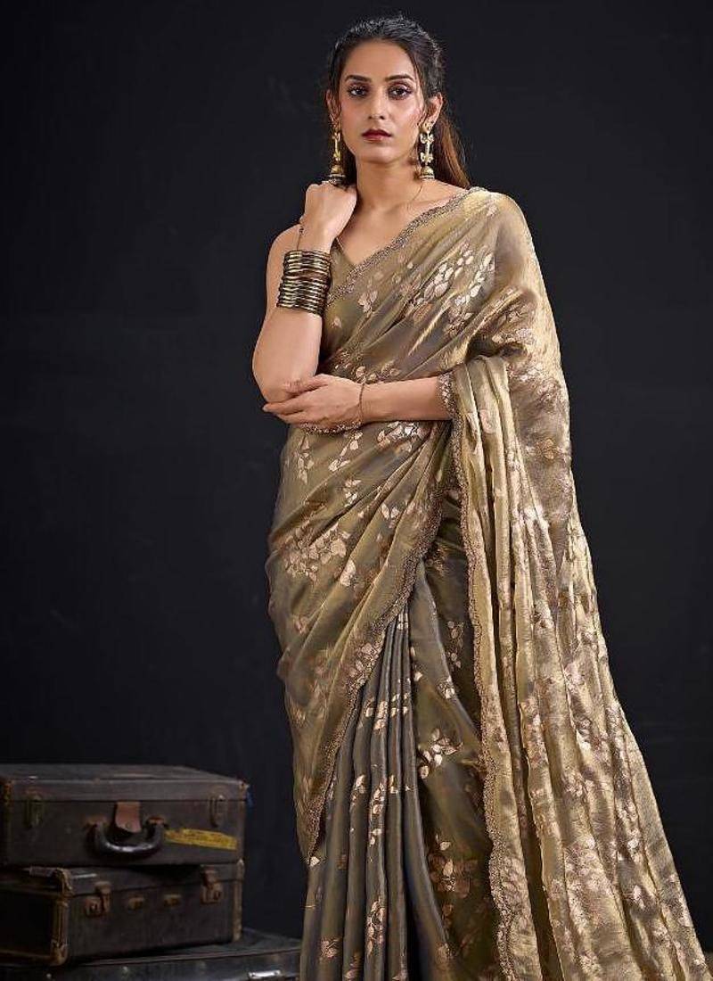 Grey color fendi silk two tone with foil & hand work zircon work saree