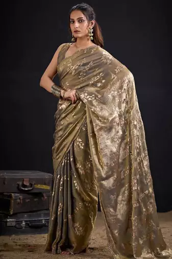 Grey color fendi silk blend two tone with foil & hand work zircon work saree