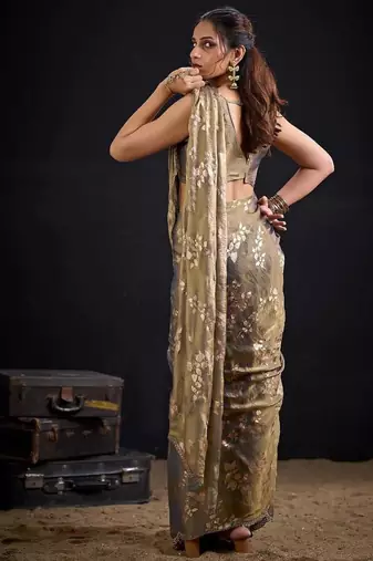 Grey color fendi silk blend two tone with foil & hand work zircon work saree