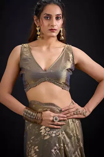 Grey color fendi silk blend two tone with foil & hand work zircon work saree