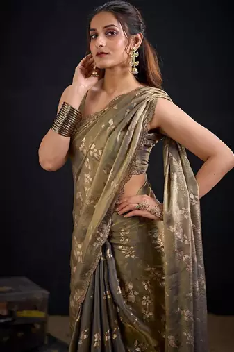 Grey color fendi silk blend two tone with foil & hand work zircon work saree