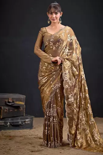 Chiku color fendi silk two tone with foil & hand work zircon work saree