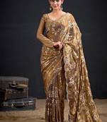 Chiku color fendi silk blend two tone with foil & hand work zircon work saree