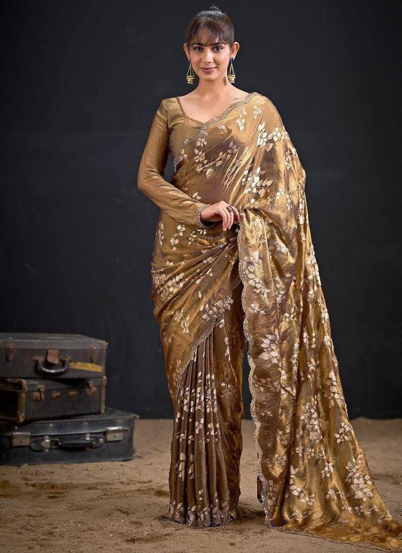 Chiku color fendi silk two tone with foil & hand work zircon work saree
