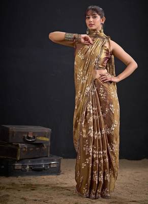 Chiku color fendi silk blend two tone with foil & hand work zircon work saree 2