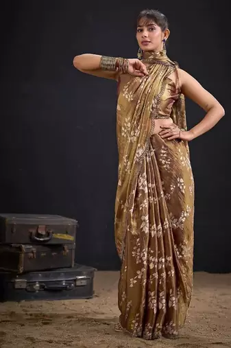 Chiku color fendi silk blend two tone with foil & hand work zircon work saree