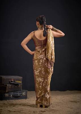 Chiku color fendi silk blend two tone with foil & hand work zircon work saree 3