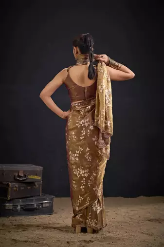 Chiku color fendi silk blend two tone with foil & hand work zircon work saree