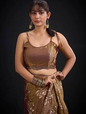 Chiku color fendi silk blend two tone with foil & hand work zircon work saree 4