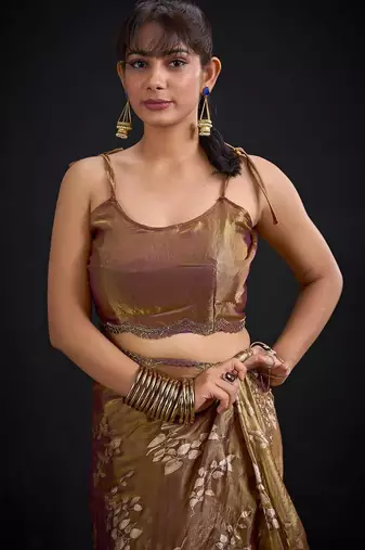 Chiku color fendi silk blend two tone with foil & hand work zircon work saree