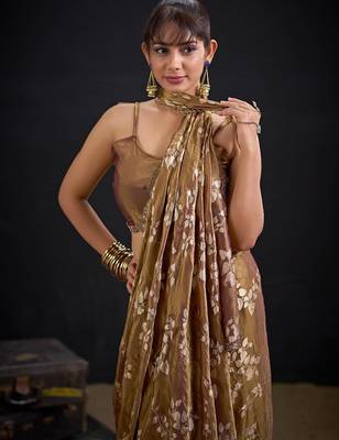 Chiku color fendi silk blend two tone with foil & hand work zircon work saree 5