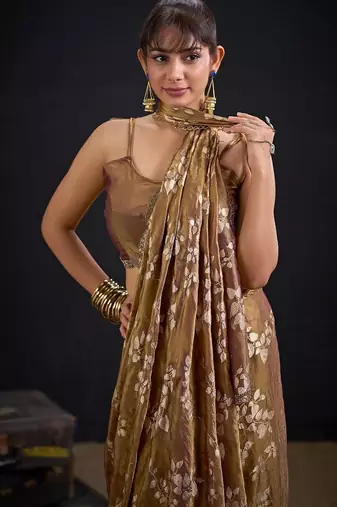 Chiku color fendi silk blend two tone with foil & hand work zircon work saree