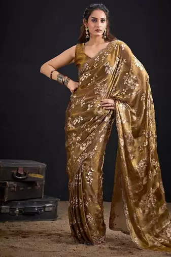 Gold color fendi silk two tone with foil & hand work zircon work saree
