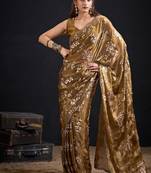 Gold color fendi silk blend two tone with foil & hand work zircon work saree
