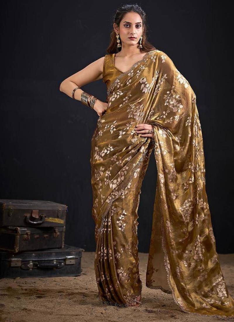 Gold color fendi silk two tone with foil & hand work zircon work saree