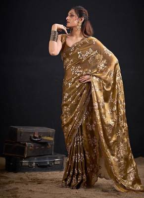 Gold color fendi silk blend two tone with foil & hand work zircon work saree 2