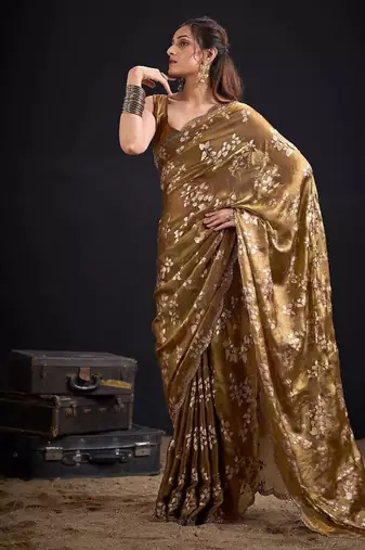 Gold color fendi silk blend two tone with foil & hand work zircon work saree