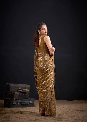 Gold color fendi silk blend two tone with foil & hand work zircon work saree 3