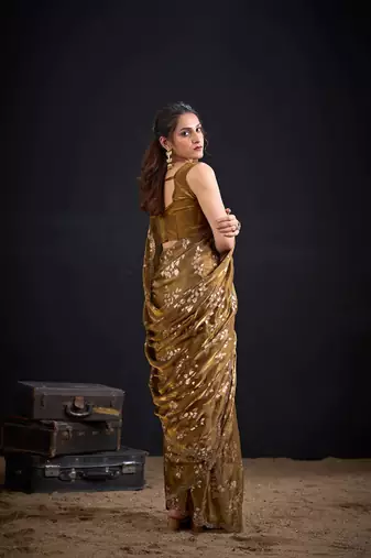 Gold color fendi silk blend two tone with foil & hand work zircon work saree