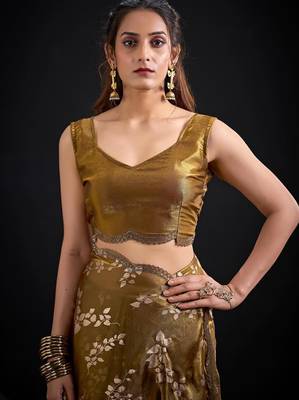 Gold color fendi silk blend two tone with foil & hand work zircon work saree 4
