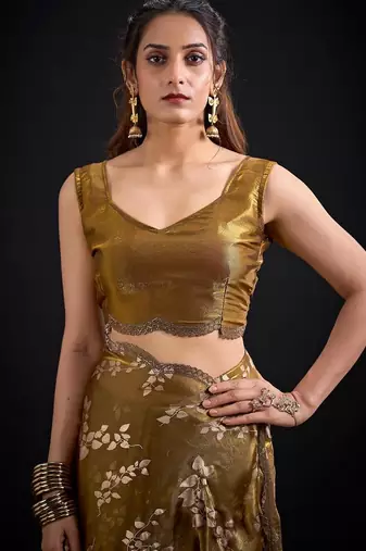 Gold color fendi silk blend two tone with foil & hand work zircon work saree
