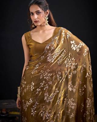 Gold color fendi silk blend two tone with foil & hand work zircon work saree 5
