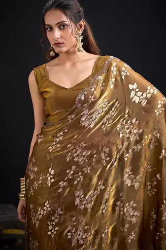 Gold color fendi silk blend two tone with foil & hand work zircon work saree