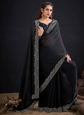 Black fendi satin silk blend two tone handwork zircon border saree 1