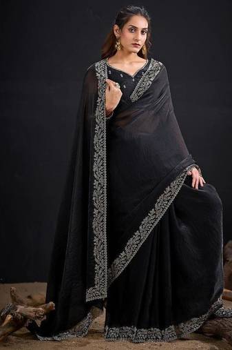 Black color fendi satin silk two tone handwork zircon border saree