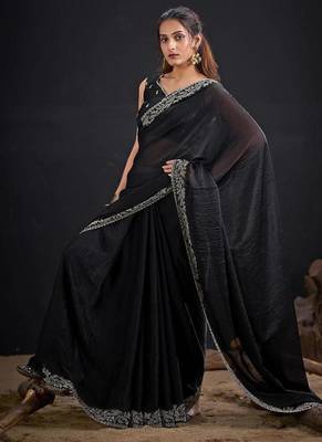 Black fendi satin silk blend two tone handwork zircon border saree 2