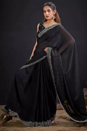 Black color fendi satin silk blend two tone handwork zircon border saree